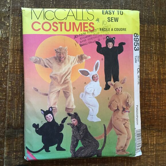 McCalls Sewing Pattern 8953 Easy Sew Kids Animal Costume Kangaroo Cat  6-8 UNCUT - Picture 1 of 2